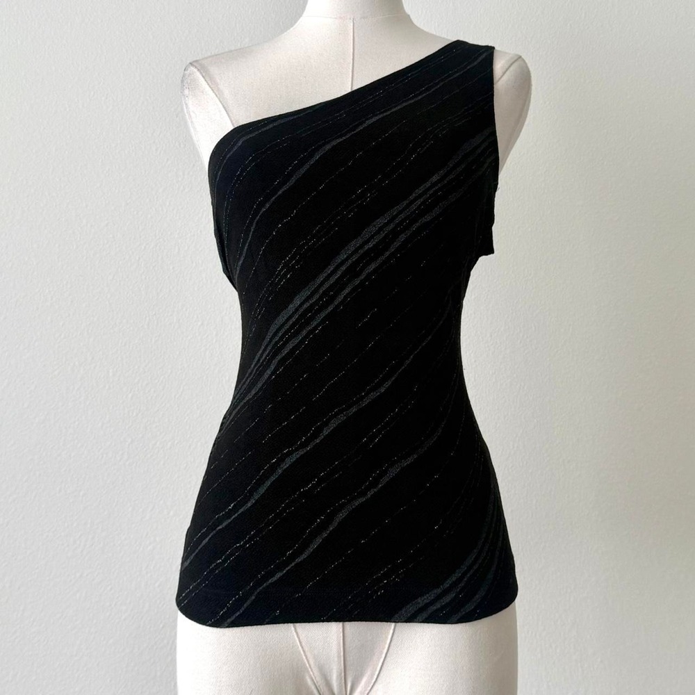 Y2K Wet Seal One‑Shoulder Black Shimmer Club Top Alt L Going Out 2000s